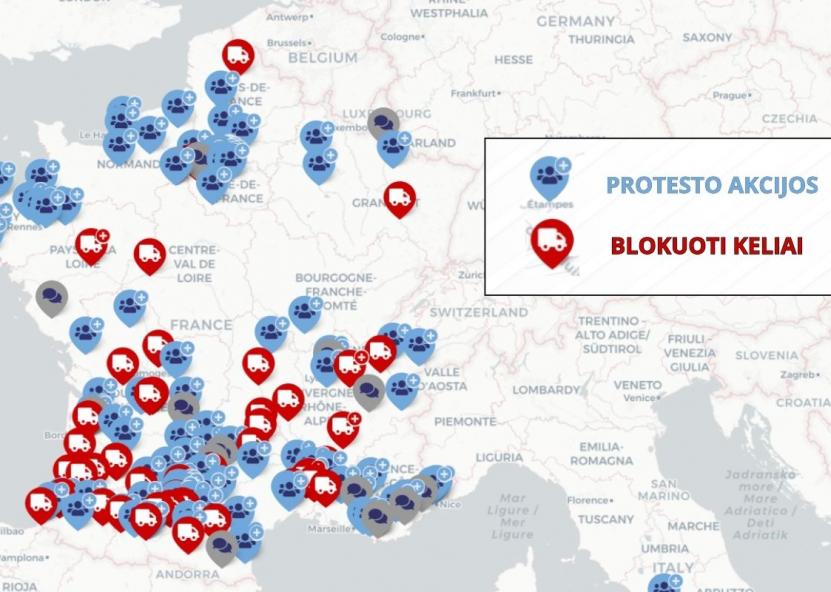 Tiesiogiai pildomas žemėlapis, kuriame matyti protesto vietų išplitimas Prancūzijoje. 